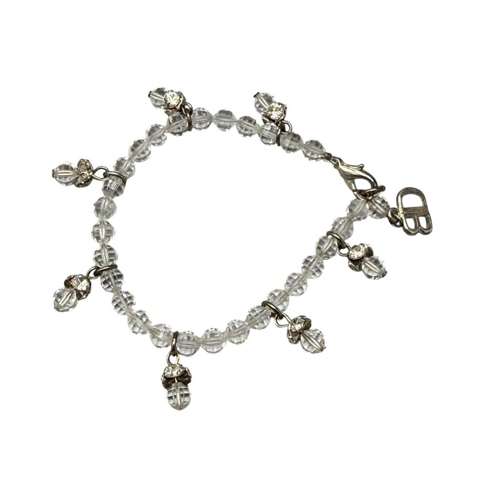 DB Clear Faceted Beads Rhinestone Charms Bangle Bracelet Silver Tone